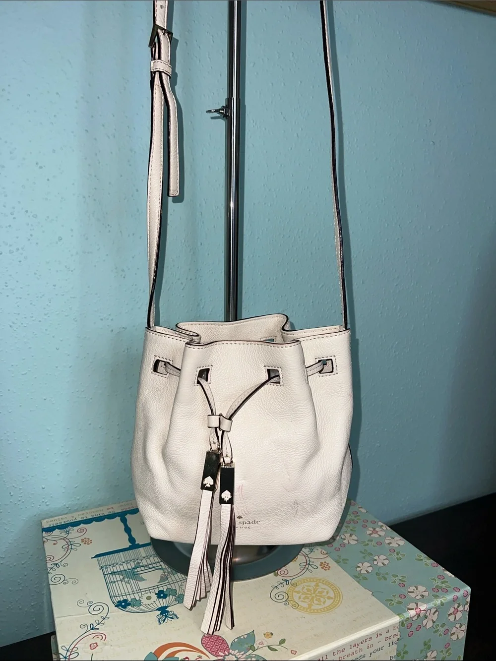kate spade White Leather Drawstring Bucket Crossbody with Tassels